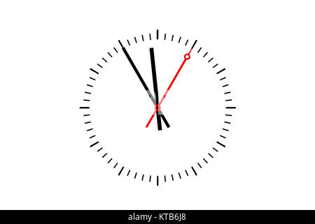 Uhr, Ziffernblatt Sekundenzeiger Minutenzeiger mit rotem und zeigt die Uhrzeit 5 vor 12 un. Texfreiraum auf weißer bär Hintergrund. Banque D'Images