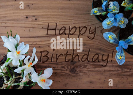 Texte Anglais Joyeux Anniversaire Comme Les Fleurs Du Printemps Muscaris Et Crocus Outils De Jardinage Comme Le Rateau Et Pelle Ruban De Tissu De Chanvre De Retour En Bois Photo Stock