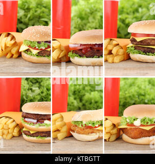 Sammlung Hamburger Cheeseburger Collage Menü Menu Fast Food Menu Pommes Frites Cola Getränk Banque D'Images