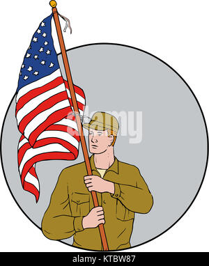 Soldat américain Holding USA Flag Dessin Cercle Banque D'Images