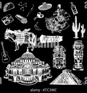Style croquis dessinés à la main ensemble de repères inspiration mexicaine, de la nourriture, de la boisson, les objets. Vector illustration isolé sur fond noir. Illustration de Vecteur