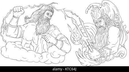 Zeus Vs Poseidon Dessin en noir et blanc Banque D'Images