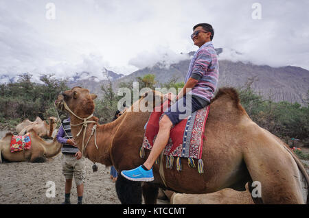 Le Ladakh, Inde - Juillet 19, 2015. Camel safari dans la vallée de Nubra, Ladakh, Inde. Est un tri-Nubra valley armé situé au nord-est du Ladakh vallée. Banque D'Images