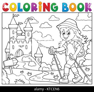 Livre de coloriage femme hiker thème 2 Banque D'Images