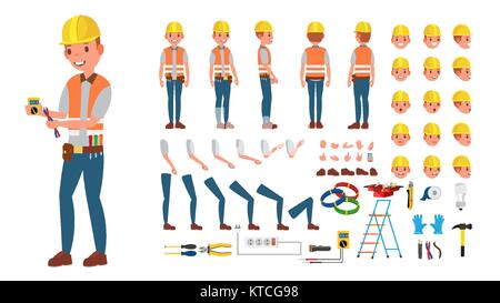 Vecteur d'électricien. Création de personnages animés. Matériel et d'outils électroniques. Pleine longueur, avant, Côté, Vue de dos, accessoires, pose, face à l'émotion, des gestes. Télévision Cartoon illustration isolé Illustration de Vecteur