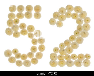 Chiffre arabe 52, cinquante-deux, à partir de crème fleurs de chrysanthème, isolé sur fond blanc Banque D'Images