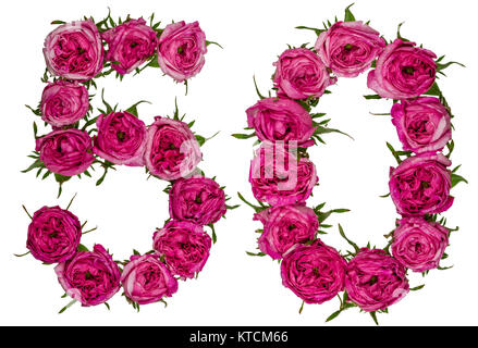 Chiffre arabe 50, cinquante, cinq, de fleurs de rose, rouge isolé sur fond blanc Banque D'Images