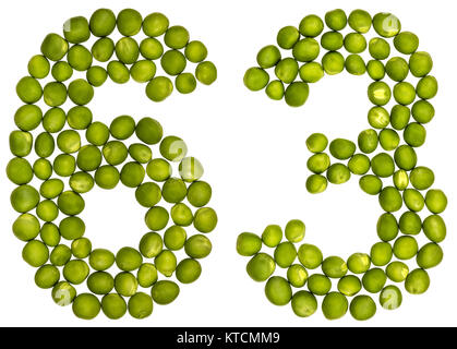 Chiffre arabe 63, soixante trois, de pois verts, isolé sur fond blanc Banque D'Images