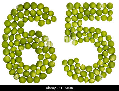 Chiffre arabe 65, 65 ans, de pois verts, isolé sur fond blanc Banque D'Images