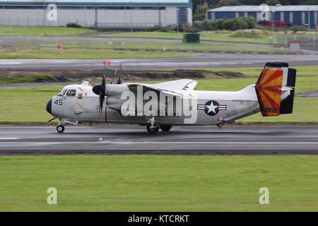 162168, un Grumman C-2A Greyhound exploités par l'Escadron de soutien logistique de la flotte (40) 'Rawhides VRC-40' de l'US Navy, à l'aéroport de Prestwick en Ayrshire. Banque D'Images