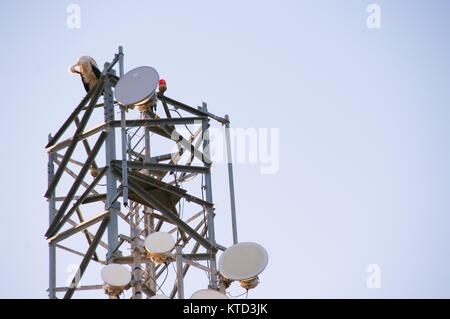 Cigogne blanche sur une antenne de télécommunications à la gauche de l'image avec le bleu du ciel. Image à l'horizontale Banque D'Images