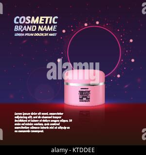 3D réaliste bouteille cosmétique modèle ads. Publicité de la marque de cosmétiques concept design avec paillettes et scintille résumé fond de ciel. Illustration de Vecteur