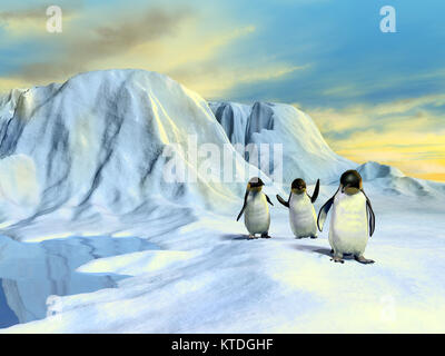 Un groupe d'adorables pingouins marchant dans un paysage arctique. Illustration numérique. Banque D'Images