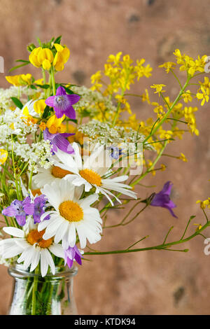 Bouquet de fleurs sauvages dans le flacon en verre Banque D'Images