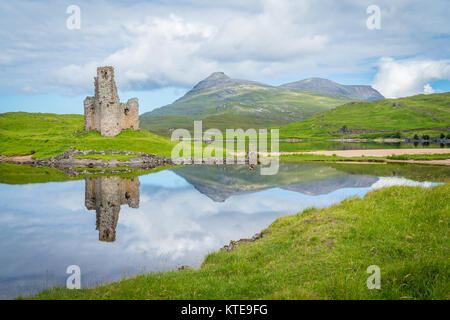 Ardvreck Castle, château en ruine près de Loch Assynt à Sutherland, de l'Écosse. Banque D'Images