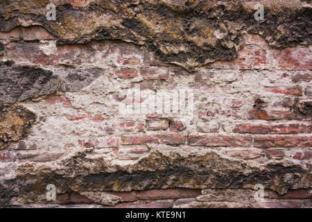 Le vieux mur de la détruit, sale, ciment, plâtre et brique. Banque D'Images