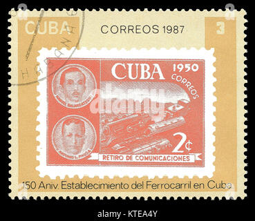 Cuba - circa 1987 : timbres par Cuba, la couleur edition sur thème de la 150e anniversaire de fer, Locomotives cubain montre Banque D'Images