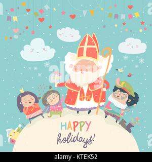 Saint Nicholas avec Piet et enfants heureux Illustration de Vecteur