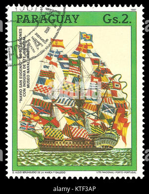 Paraguay - timbres en 1987 : Couleur edition le 500e anniversaire de la découverte de l'Amérique, montre Battleship San Eugenio Banque D'Images