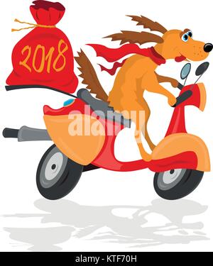 Drôle de chien sur un scooter avec un sac de cadeaux Illustration de Vecteur