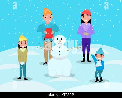 Cartoon happy family playing boules snowman Illustration de Vecteur