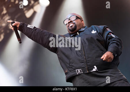 Le chanteur, auteur-compositeur et producteur de CeeLo Green effectue un concert live au festival de musique norvégienne Hovefestivalen 2013. CeeLo Green était un membre de l'American Goodie Mob groupe hip et plus tard dans le cadre de l'âme duo Gnarls Barkley. La Norvège, 03/07 2013. Banque D'Images