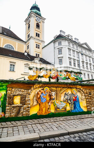 Bordure de couleur murale crèche à la traditionnelle saison de fête Altwiener Christkindlmarkt, ancien marché de Noël de Vienne, Vienne, Freyung Banque D'Images