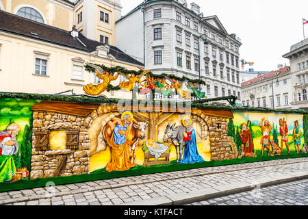 Bordure de couleur murale crèche à la traditionnelle saison de fête Altwiener Christkindlmarkt, ancien marché de Noël de Vienne, Vienne, Freyung Banque D'Images