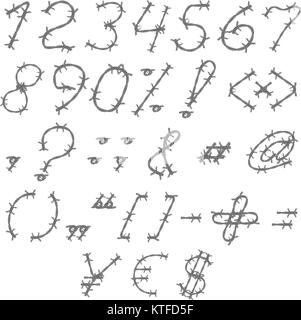 Barbelés Vector Font - Type - l'alphabet. Des chiffres et des caractères spéciaux. Illustration de Vecteur