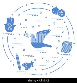 Symboles juifs : dove, olive branch, grenades, Matza, poisson, hamsa, mezouza. Carte postale de Design, bannière, affiche ou imprimer. Illustration de Vecteur