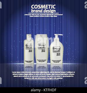 3D réaliste bouteille cosmétique modèle ads. Publicité de la marque de cosmétiques concept design de sparkles sur abstract texture background. Illustration de Vecteur