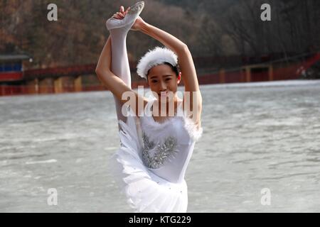 Luoyang, Luoyang, Chine. 26Th Dec 2017. Luoyang, Chine 23 décembre 2017 :(usage éditorial uniquement. Chine OUT) .huit danseurs du Ballet du Lac des cygnes effectuer sur la surface d'un lac gelé de Luoyang, province du Henan en Chine centrale, 23 décembre 2017. Crédit : SIPA Asie/ZUMA/Alamy Fil Live News Banque D'Images