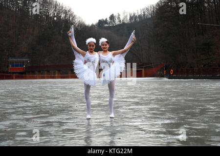 Luoyang, Luoyang, Chine. 26Th Dec 2017. Luoyang, Chine 23 décembre 2017 :(usage éditorial uniquement. Chine OUT) .huit danseurs du Ballet du Lac des cygnes effectuer sur la surface d'un lac gelé de Luoyang, province du Henan en Chine centrale, 23 décembre 2017. Crédit : SIPA Asie/ZUMA/Alamy Fil Live News Banque D'Images