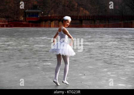 Luoyang, Luoyang, Chine. 26Th Dec 2017. Luoyang, Chine 23 décembre 2017 :(usage éditorial uniquement. Chine OUT) .huit danseurs du Ballet du Lac des cygnes effectuer sur la surface d'un lac gelé de Luoyang, province du Henan en Chine centrale, 23 décembre 2017. Crédit : SIPA Asie/ZUMA/Alamy Fil Live News Banque D'Images