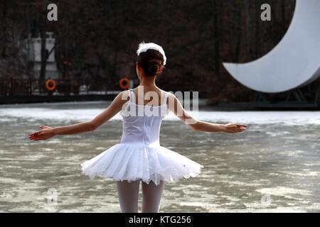 Luoyang, Luoyang, Chine. 26Th Dec 2017. Luoyang, Chine 23 décembre 2017 :(usage éditorial uniquement. Chine OUT) .huit danseurs du Ballet du Lac des cygnes effectuer sur la surface d'un lac gelé de Luoyang, province du Henan en Chine centrale, 23 décembre 2017. Crédit : SIPA Asie/ZUMA/Alamy Fil Live News Banque D'Images