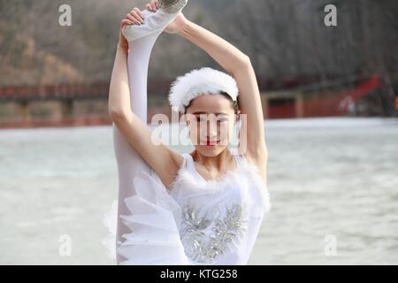 Luoyang, Luoyang, Chine. 26Th Dec 2017. Luoyang, Chine 23 décembre 2017 :(usage éditorial uniquement. Chine OUT) .huit danseurs du Ballet du Lac des cygnes effectuer sur la surface d'un lac gelé de Luoyang, province du Henan en Chine centrale, 23 décembre 2017. Crédit : SIPA Asie/ZUMA/Alamy Fil Live News Banque D'Images