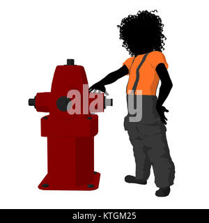 African American teen pompier avec une bouche d'incendie sur un fond blanc Banque D'Images