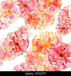 Un modèle sans couture avec aquarelles de fleurs de rose et roses d'or dans le style art nouveau, peintes à la main sur un fond blanc Banque D'Images