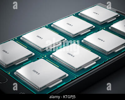 Microprocesseur huit cœurs sur smartphone. 3D illustration. Banque D'Images