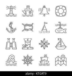 Fine ligne nautique icon set. Symbole linéaire Marine pack. Décrire la navigation, le capitaine, d'accessoires de marine, navire signe. Plat simple course éditable desig Illustration de Vecteur