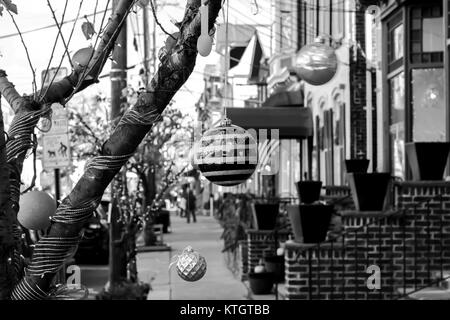 Le jour extérieur noir et blanc stock photo de Christmas ornament hanging from tree à Clinton, New Jersey le jour d'automne Banque D'Images