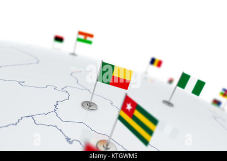 Bénin drapeau. Drapeau du pays avec mât de chrome sur la carte du monde avec les frontières des pays voisins. Illustration 3D Rendering Banque D'Images