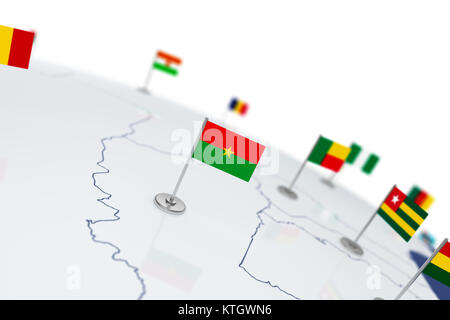 Drapeau du Burkina Faso. Drapeau du pays avec mât de chrome sur la carte du monde avec les frontières des pays voisins. Illustration 3D Rendering Banque D'Images