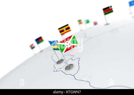 Drapeau du Burundi. Drapeau du pays avec mât de chrome sur la carte du monde avec les frontières des pays voisins. Illustration 3D Rendering Banque D'Images