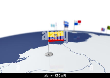 Drapeau de l'Equateur. Drapeau du pays avec mât de chrome sur la carte du monde avec les frontières des pays voisins. Illustration 3D Rendering Banque D'Images
