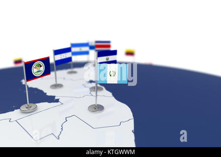 Guatemala drapeau. Drapeau du pays avec mât de chrome sur la carte du monde avec les frontières des pays voisins. Illustration 3D Rendering Banque D'Images