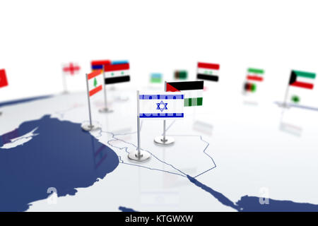 Drapeau d'Israël. Drapeau du pays avec mât de chrome sur la carte du monde avec les frontières des pays voisins. Illustration 3D Rendering Banque D'Images