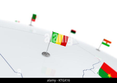 Mali drapeau. Drapeau du pays avec mât de chrome sur la carte du monde avec les frontières des pays voisins. Illustration 3D Rendering Banque D'Images