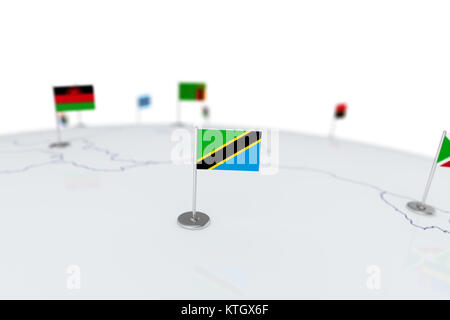 Drapeau de la Tanzanie. Drapeau du pays avec mât de chrome sur la carte du monde avec les frontières des pays voisins. Drapeau de rendu 3d illustration Banque D'Images