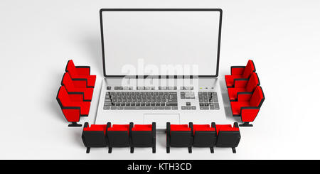 Home Cinema ou webinaire concept. Cinéma autour d'un ordinateur portable, écran blanc pour copyspace, fond blanc. 3d illustration Banque D'Images